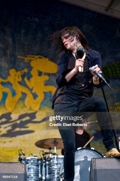 Alison Mosshart and Jack White of The Dead Weather performing at the New Orleans Jazz & Heritage Festival on May 2, 2010 in New Orleans, Louisiana.