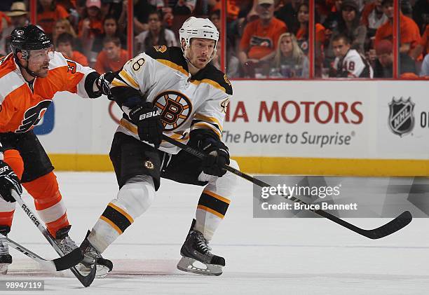 Matt Hunwick of the Boston Bruins skates against the Philadelphia Flyers in Game Four of the Eastern Conference Semifinals during the 2010 NHL...