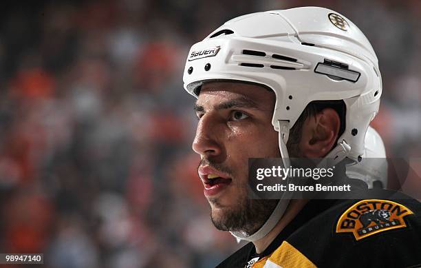 Milan Lucic of the Boston Bruins skates against the Philadelphia Flyers in Game Four of the Eastern Conference Semifinals during the 2010 NHL Stanley...