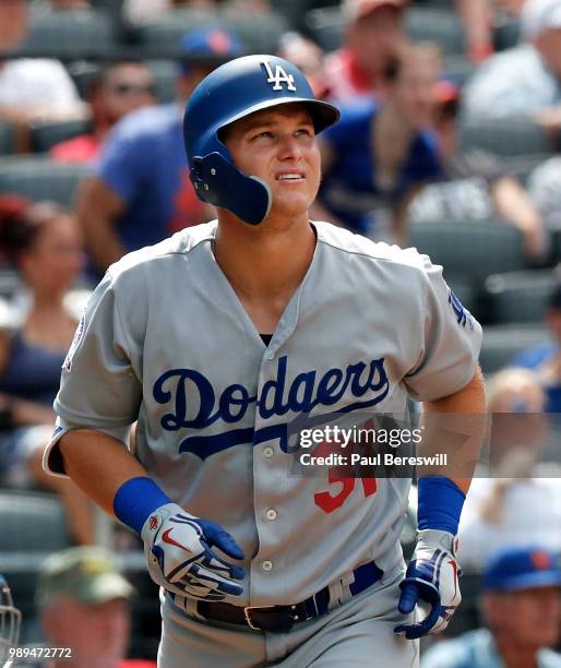 Joc Pederson of the Los Angeles Dodgers heads up the line watching his 437 foot home run in an MLB baseball game against the New York Mets on June...