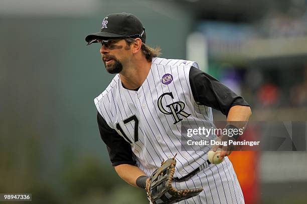 First baseman Todd Helton of the Colorado Rockies plays defense against the Florida Marlins at Coors Field on April 25, 2010 in Denver, Colorado. The...