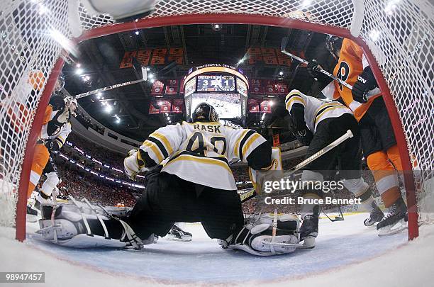 Tuukka Rask of the Boston Bruins tends net against the Philadelphia Flyers in Game Four of the Eastern Conference Semifinals during the 2010 NHL...