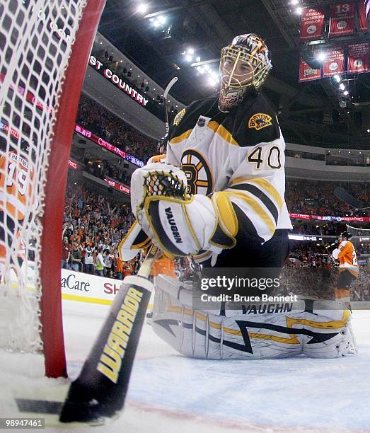 Tuukka Rask of the Boston Bruins tends net against the Philadelphia Flyers in Game Four of the Eastern Conference Semifinals during the 2010 NHL...