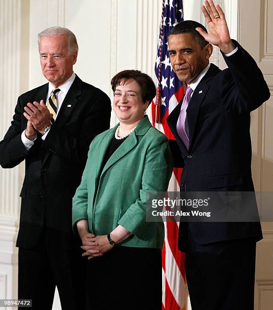 President Barack Obama waves as he is joined by Vice President Joe Biden while introducing Solicitor General Elena Kagan as his choice to be the...