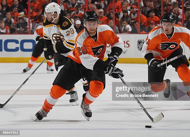 Claude Giroux of the Philadelphia Flyers skates against the Boston Bruins in Game Four of the Eastern Conference Semifinals during the 2010 NHL...