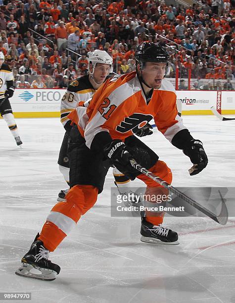 James van Riemsdyk of the Philadelphia Flyers skates against the Boston Bruins in Game Four of the Eastern Conference Semifinals during the 2010 NHL...