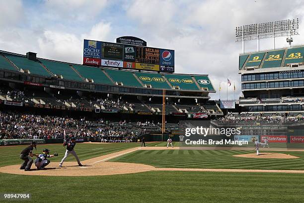 Dallas Braden of the Oakland Athletics pitches to Tampa Bay Rays batter Gabe Kapler during the game between the Tampa Bay Rays and the Oakland...