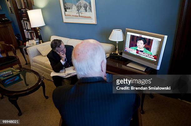 Senate Judiciary Committee Chairman Sen. Patrick Leahy watches from his office as President Barack Obama introduces his Supreme Court nominee,...