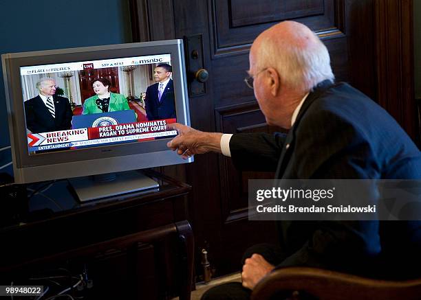 Senate Judiciary Committee Chairman Sen. Patrick Leahy watches from his office as President Barack Obama introduces his Supreme Court nominee,...