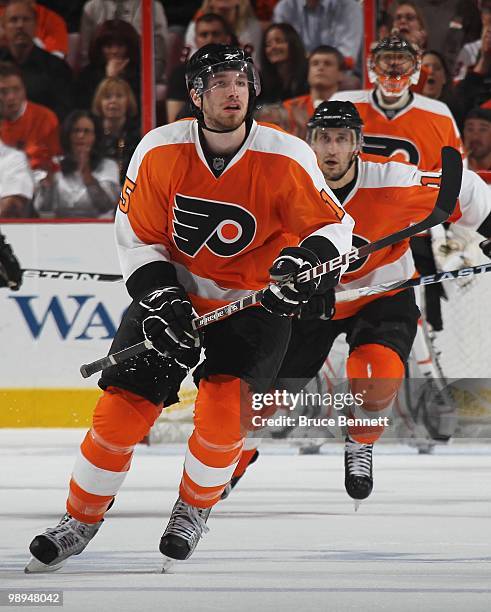 Braydon Coburn of the Philadelphia Flyers skates against the Boston Bruins in Game Four of the Eastern Conference Semifinals during the 2010 NHL...