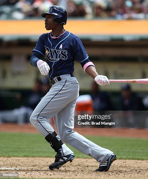 Upton of the Tampa Bay Rays bats during the game between the Tampa Bay Rays and the Oakland Athletics on Sunday, May 9 at the Oakland Coliseum in...