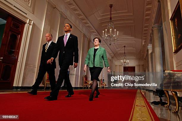 Vice President Joe Biden, President Barack Obama and Solicitor General Elena Kagan walk into the East Room before Obama announced Kagan as his choice...