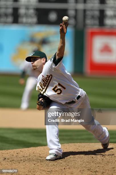 Dallas Braden of the Oakland Athletics pitches during the game between the Tampa Bay Rays and the Oakland Athletics on Sunday, May 9 at the Oakland...