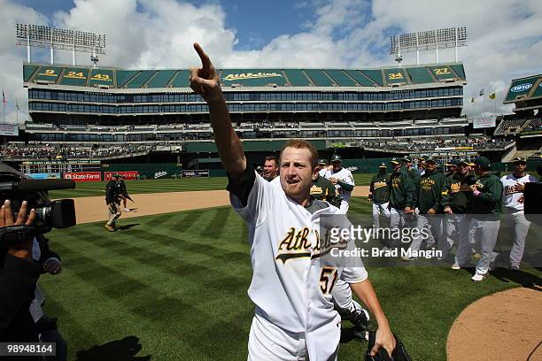 Dallas Braden of the Oakland Athletics celebrates his perfect game after the game between the Tampa Bay Rays and the Oakland Athletics on Sunday, May...