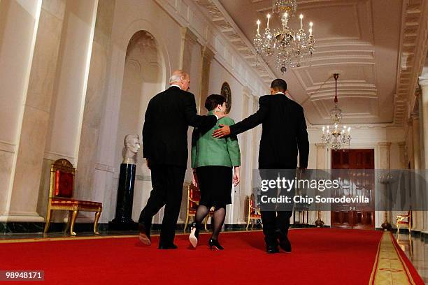 Vice President Joe Biden and President Barack Obama escort Solicitor General Elena Kagan after Obama announced Kagan as his choice to be the nation's...