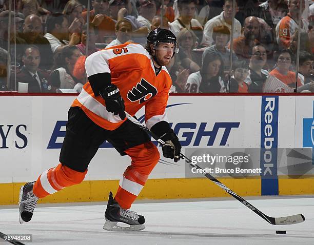 Braydon Coburn of the Philadelphia Flyers skates against the Boston Bruins in Game Four of the Eastern Conference Semifinals during the 2010 NHL...