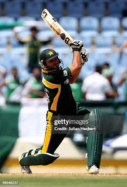 Shahid Afridi of Pakistan hits out during the ICC World Twenty20 Super Eight match between Pakistan and South Africa played at the Beausejour Cricket...