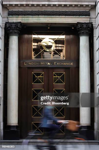 Pedestrian passes the entrance to the London Metal Exchange in London, U.K., on Monday, May 10, 2010. The euro rallied and stocks climbed around the...