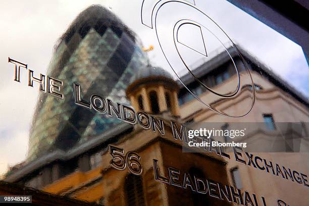 The name plate for the London Metal Exchange sits on display in London, U.K., on Monday, May 10, 2010. The euro rallied and stocks climbed around the...