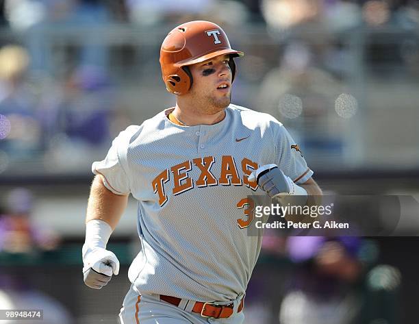Catcher Cameron Rupp of the Texas Longhorns runs down to first base during a game against the Kansas State Wildcats at Tointon Stadium on May 8, 2010...