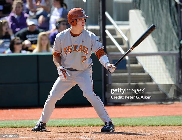 Second baseman Jordan Etier of the Texas Longhorns at the plate during a game against the Kansas State Wildcats at Tointon Stadium on May 8, 2010 in...