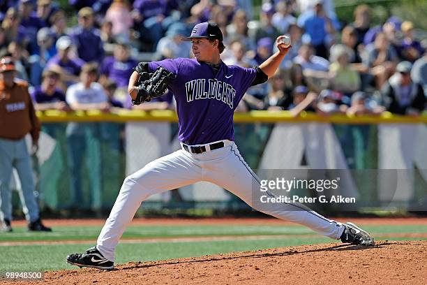 Pitcher Robert Hawkins of the Kansas State Wildcats delivers a pitch during a game against the Texas Longhorns at Tointon Stadium on May 8, 2010 in...