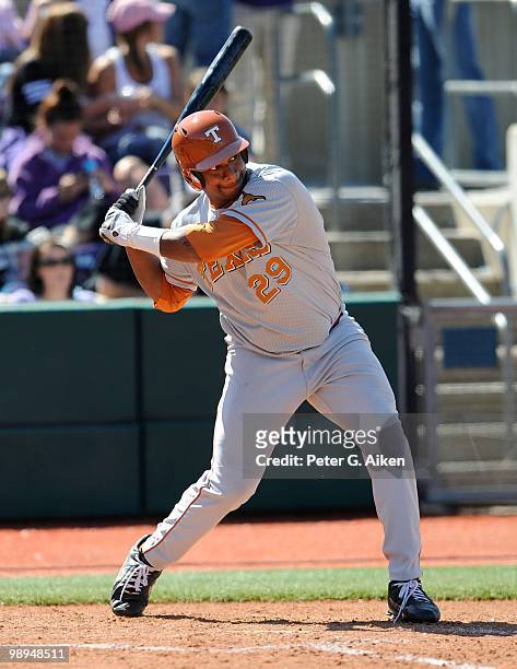 Right fielder Kevin Keyes of the Texas Longhorns at the plate during a game against the Kansas State Wildcats at Tointon Stadium on May 8, 2010 in...