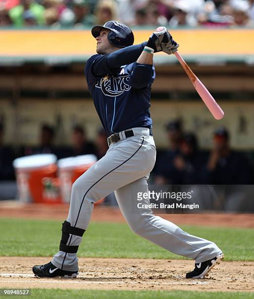 Evan Longoria of the Tampa Bay Rays bats during the game between the Tampa Bay Rays and the Oakland Athletics on Sunday, May 9 at the Oakland...