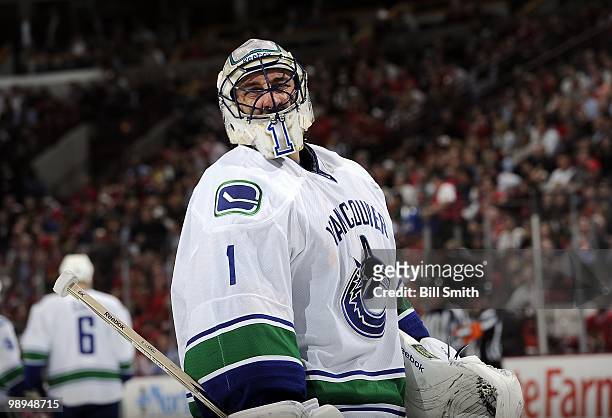 Goalie Roberto Luongo of the Vancouver Canucks waits for play to begin at Game Two of the Western Conference Semifinals against the Chicago...
