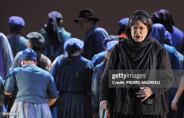 Mezzo-soprano Sheila Nadler performs as the grandmother, Buryja during a rehearsal of "Jenufa", an opera by Leos Janaceck, on May 4, 2010 at the...