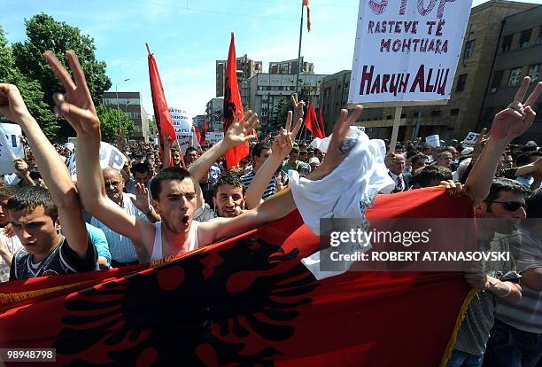 Around 2,000 ethnic Albanian protesters march in front of the Criminal Court, the Parliament of the Republic of Macedonia and the Government building...