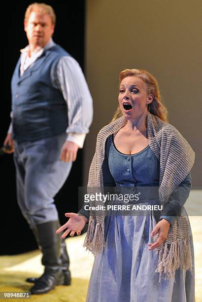 French soprano Mireille Delunsh and Australian Stuart Skelton perform respectively as Jenufa and Laca Klemen during a rehearsal of "Jenufa", an opera...