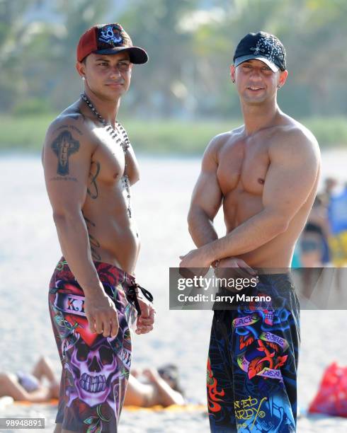 Television personalities Paul "Pauly D" DelVecchio and Mike "The Situation" Sorrentino are seen on May 9, 2010 in Miami Beach, Florida.