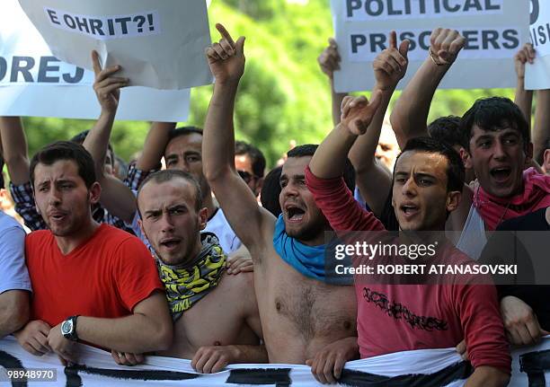 Around 2,000 ethnic Albanian protesters march in front of the Criminal Court, the Parliament of the Republic of Macedonia and the Government building...