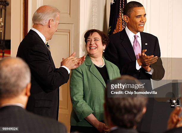 President Barack Obama and Vice President Joe Biden applaud for Solicitor General Elena Kagan after Obama announced her as his choice to be the...