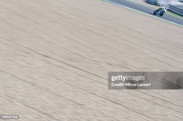 Hiroshi Aoyama of Japan and Interwetten MotoGP Team heads down a straight during the second day of test at Circuito de Jerez on May 1, 2010 in Jerez...