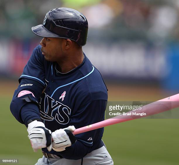 Carl Crawford of the Tampa Bay Rays bats during the game between the Tampa Bay Rays and the Oakland Athletics on Sunday, May 9 at the Oakland...