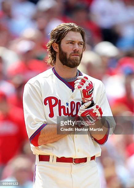 Right fielder Jayson Werth of the Philadelphia Phillies walks to the outfield after batting during a game against the St. Louis Cardinals at Citizens...