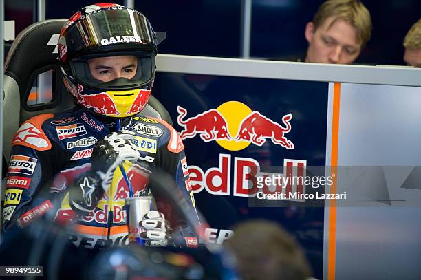 Marc Marquez of Spain and Red Bull AJo Motorsport looks on in box during the second day of test at Circuito de Jerez on May 1, 2010 in Jerez de la...