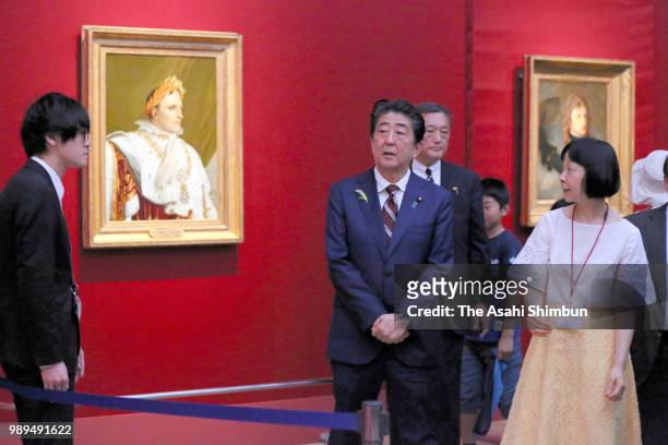 Japanese Prime Minister Shinzo Abe visits the 'Art of Portraiture in the Louvre Collections' at the National Art Center, Tokyo on July 1, 2018 in...