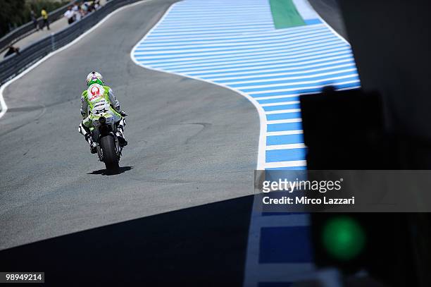 Valentino Rossi of Italy and Fiat Yamaha Team starts from pit during the second day of test at Circuito de Jerez on May 1, 2010 in Jerez de la...