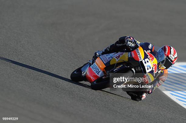Marc Marquez of Spain and Red Bull AJo Motorsport rounds the bend during the second day of test at Circuito de Jerez on May 1, 2010 in Jerez de la...