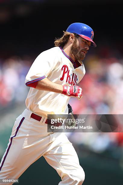 Right fielder Jayson Werth of the Philadelphia Phillies rounds the bases after hitting a home run during a game against the St. Louis Cardinals at...