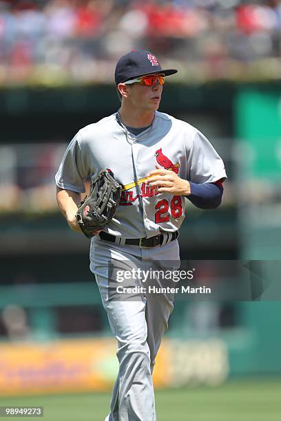 Center fielder Colby Rasmus of the St. Louis Cardinals jogs in from the outfield during a game against the Philadelphia Phillies at Citizens Bank...