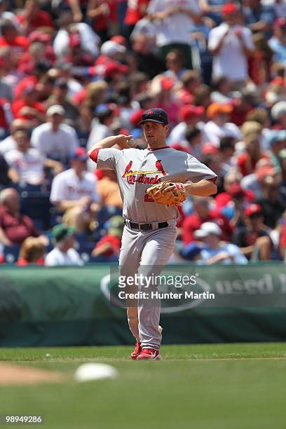 Third baseman David Freese of the St. Louis Cardinals throws to first base during a game against the Philadelphia Phillies at Citizens Bank Park on...