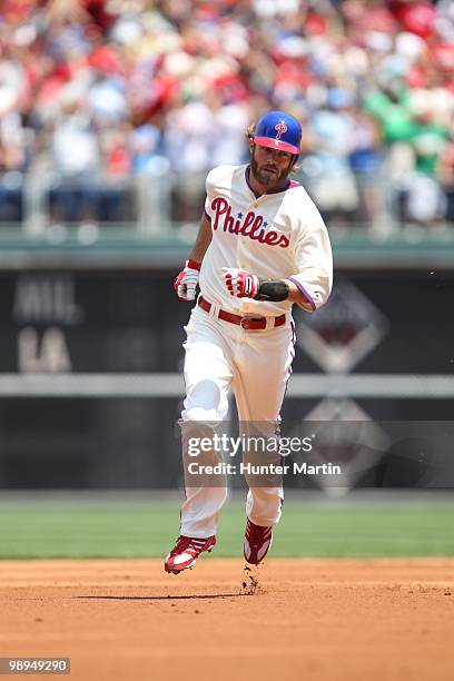 Right fielder Jayson Werth of the Philadelphia Phillies rounds the bases after hitting a home run during a game against the St. Louis Cardinals at...