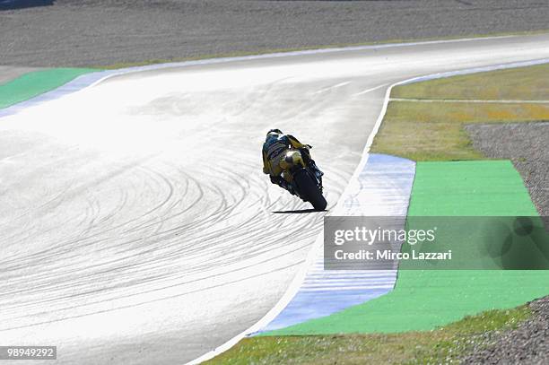 Hector Barbera of Spain and Team Aspar heads down a straight during the second day of test at Circuito de Jerez on May 1, 2010 in Jerez de la...