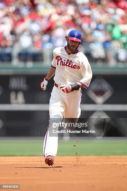 Right fielder Jayson Werth of the Philadelphia Phillies rounds the bases after hitting a home run during a game against the St. Louis Cardinals at...