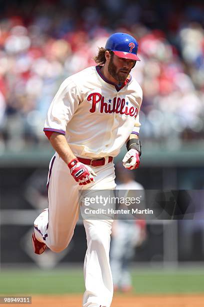 Right fielder Jayson Werth of the Philadelphia Phillies rounds the bases after hitting a home run during a game against the St. Louis Cardinals at...