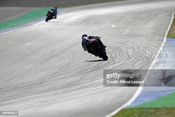 Dani Pedrosa of Spain and Repsol Honda Team heads down a straight during the second day of test at Circuito de Jerez on May 1, 2010 in Jerez de la...